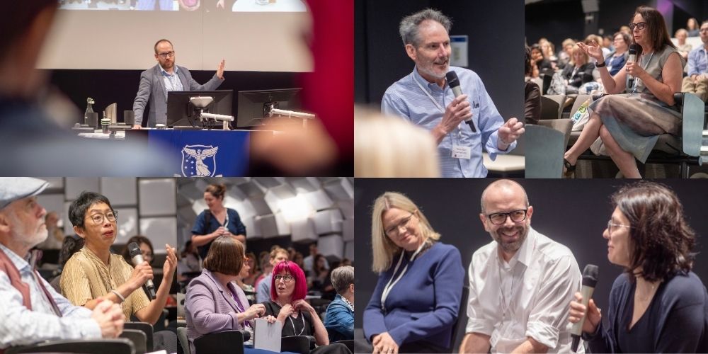 Collage of conference pictures showing people at lecterns and in the audience, both talking and listening to each other. 
