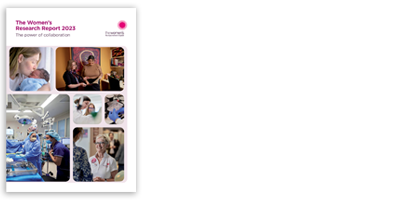 Front cover of the Women's 2023 Research Report. Features collage of patients and staff across the hospital.