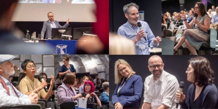 Collage of conference pictures showing people at lecterns and in the audience, both talking and listening to each other. 