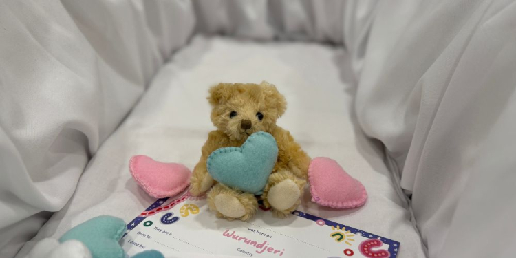 A teddy bear holding a blue felt heart sits in an empty cot, surrounded by pink and blue hearts and a remembrance certificate.