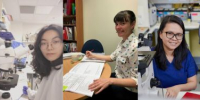 Montage of three scientists. Two women are in the lab environment with a microscope. A third woman is taking research notes.
