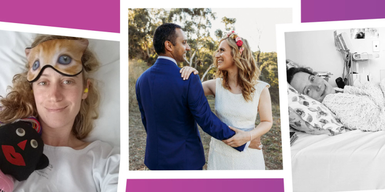 Polaroid style photos of Zoe in hospital, then with her husband on her wedding day