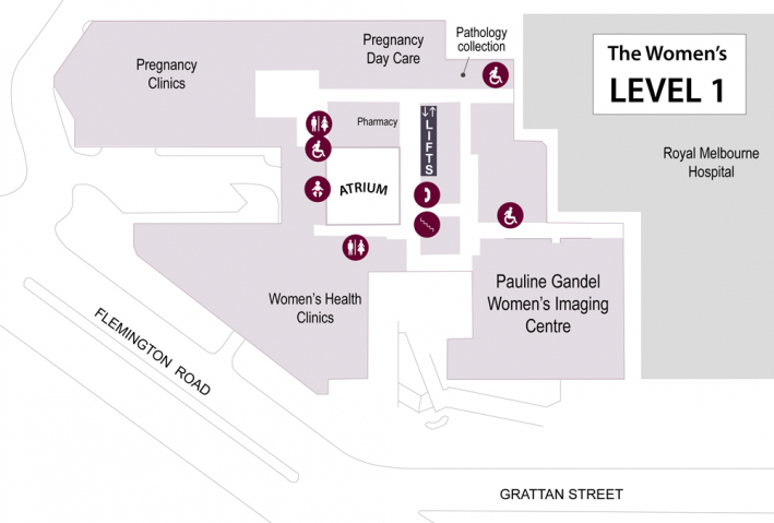 Map of Level 1 of the Women's showing the Pauline Gandel Imaging Centre near the lifts and stairs, closest to the Royal Melbourne Hospital side of the building.