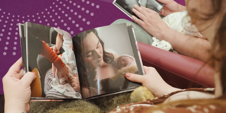 Morgan and Dylan holding open photo books showing precious images of baby Eloise who was born still. The image promotes Pregnancy and Infant