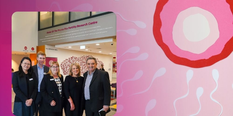 Five people standing in front of the Moyna Fox Fertility Research Centre sign at the Women's. The background is pink with white dots and sty