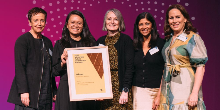 The PFC team showing off their certificate of winning the 2025 Victorian Public Healthcare Award.  