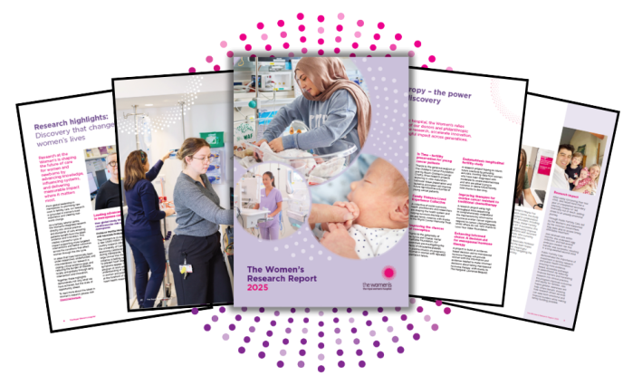 Sample of the Research Report cover and what's inside. Highlights of the year including researchers and hospital staff and patients.