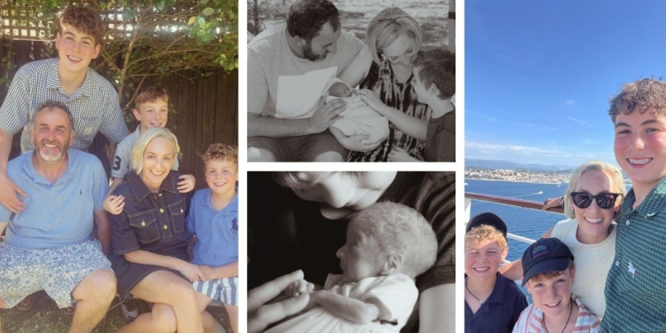 Collage of family photos showing Katie James with her three sons and late daughter. 