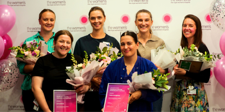 Winners of the 2025 Nursing and Midwifery Awards (L-R): Tamara Perry, Lorna Sutton, Sarah Butler, Tahlia Andrighetto, Lucy Bowden and Lindse